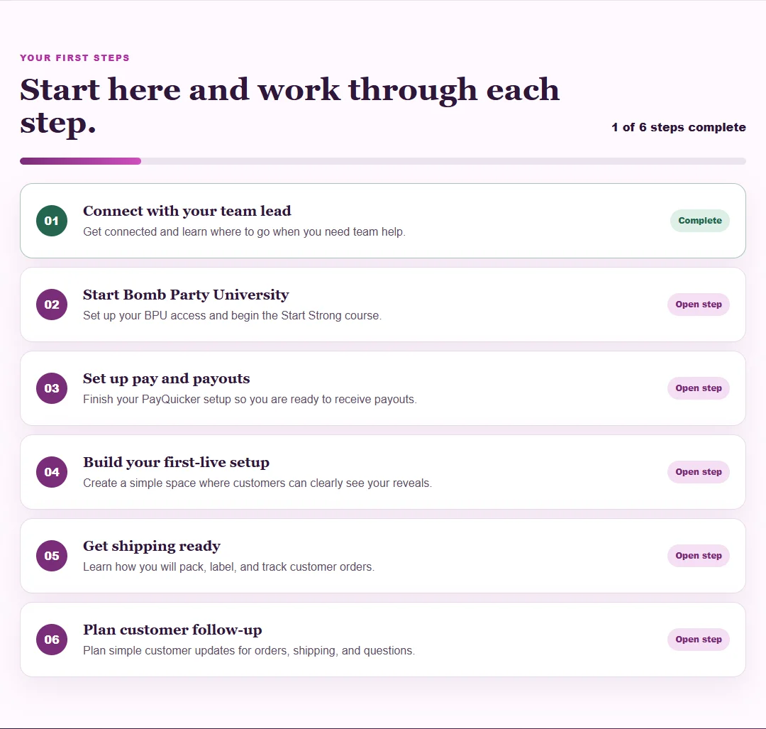 New Rep Onboarding guide showing six starting steps for a sample rep