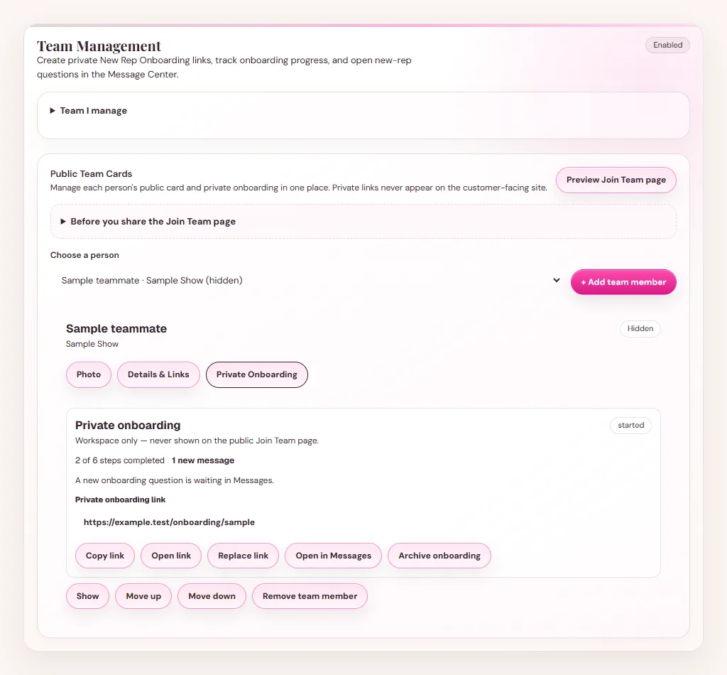 Team Management private onboarding panel with a sample teammate, progress, and link controls