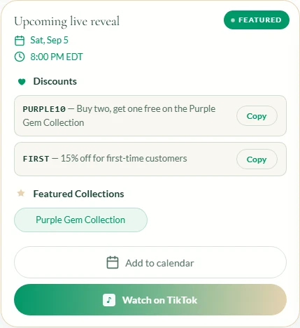 Emerald Garden show card with the date, time, collection, and add-to-calendar actions.