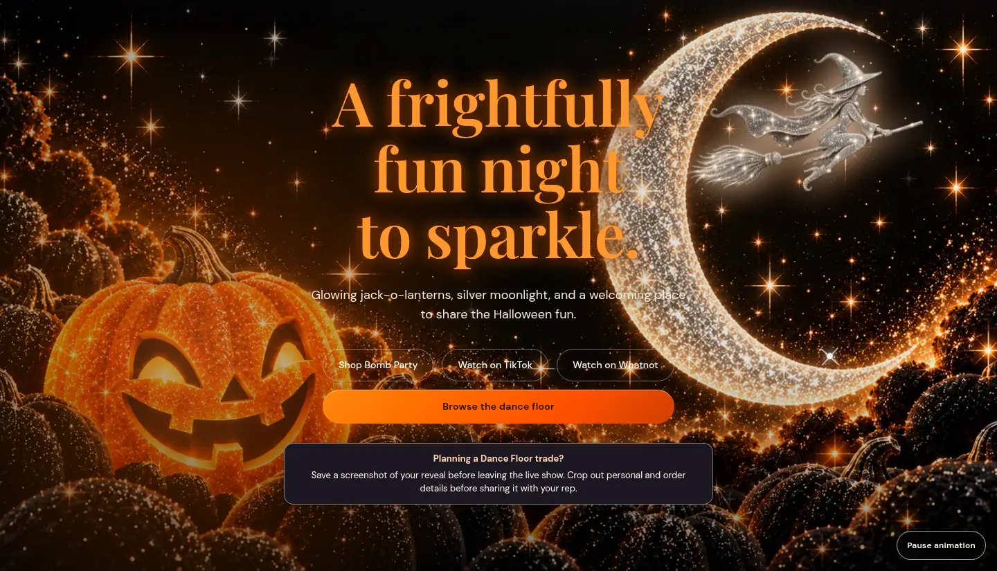 Halloween Pumpkin and Witch customer-site theme, with a dark night hero, shop actions, and the flying-witch decoration.