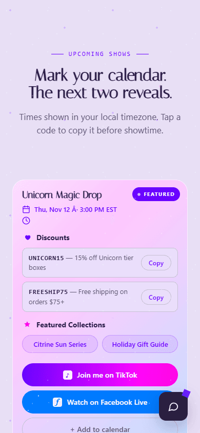 Mobile customer homepage for a Sparkle Suite show, with the show name and actions a customer would open first.