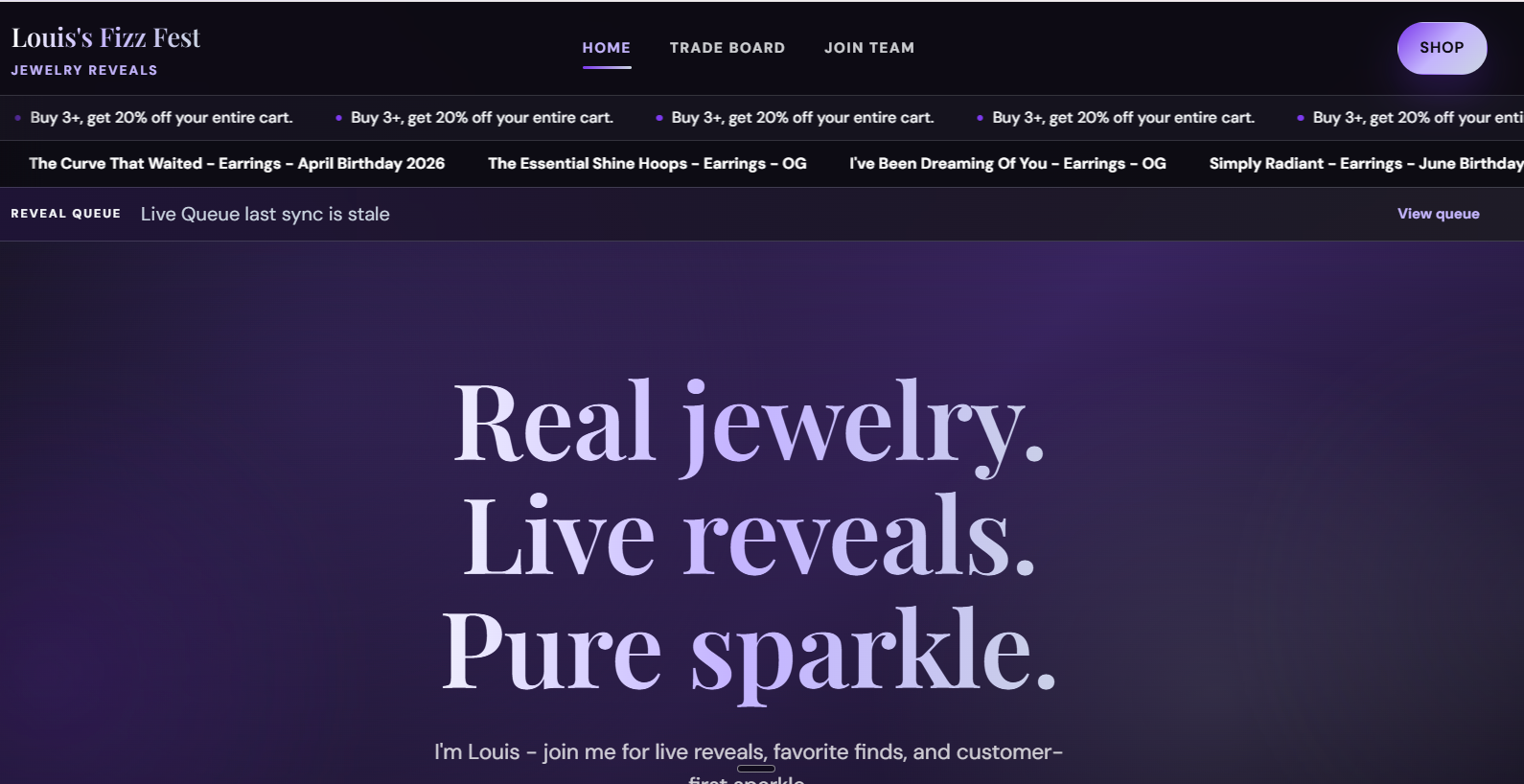 Dark customer-facing Sparkle Suite site preview.