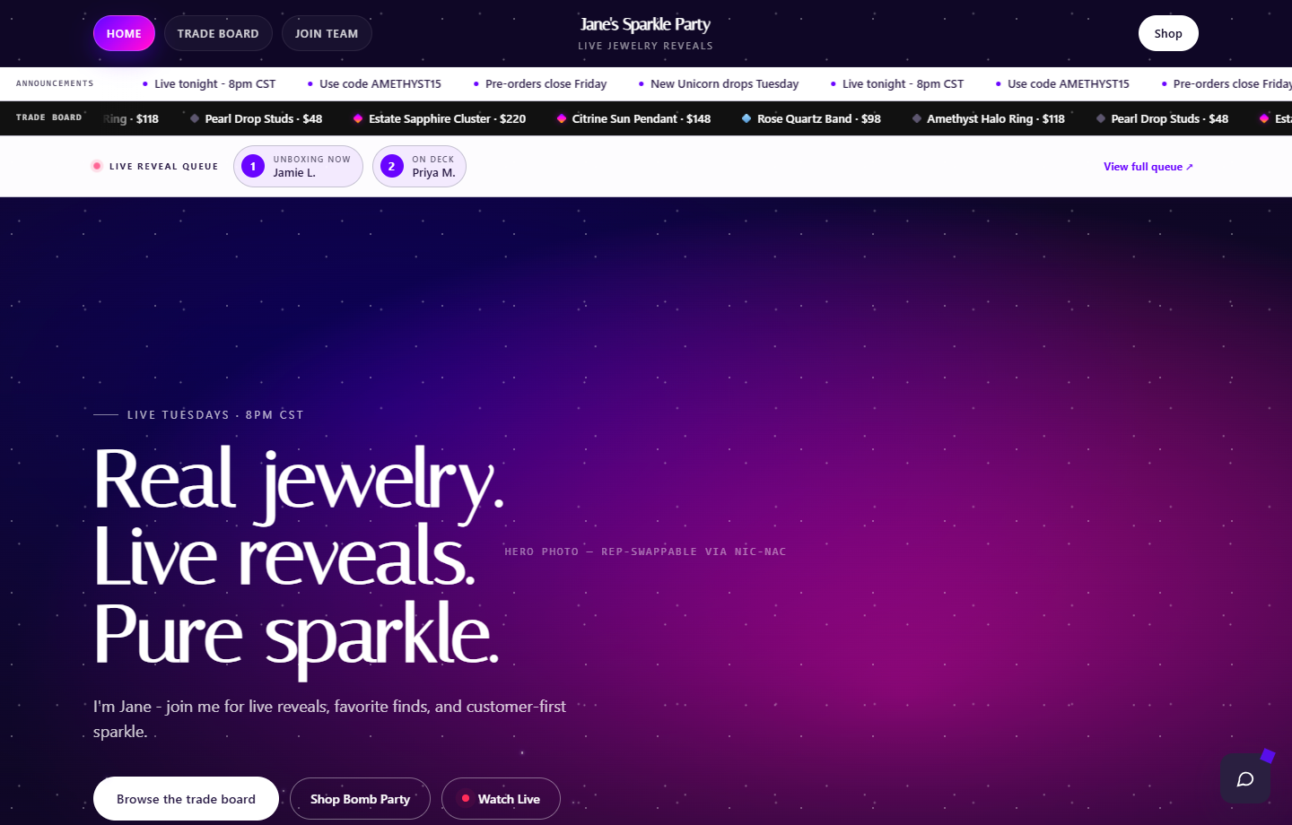 Jane's Sparkle Party customer site preview on desktop.