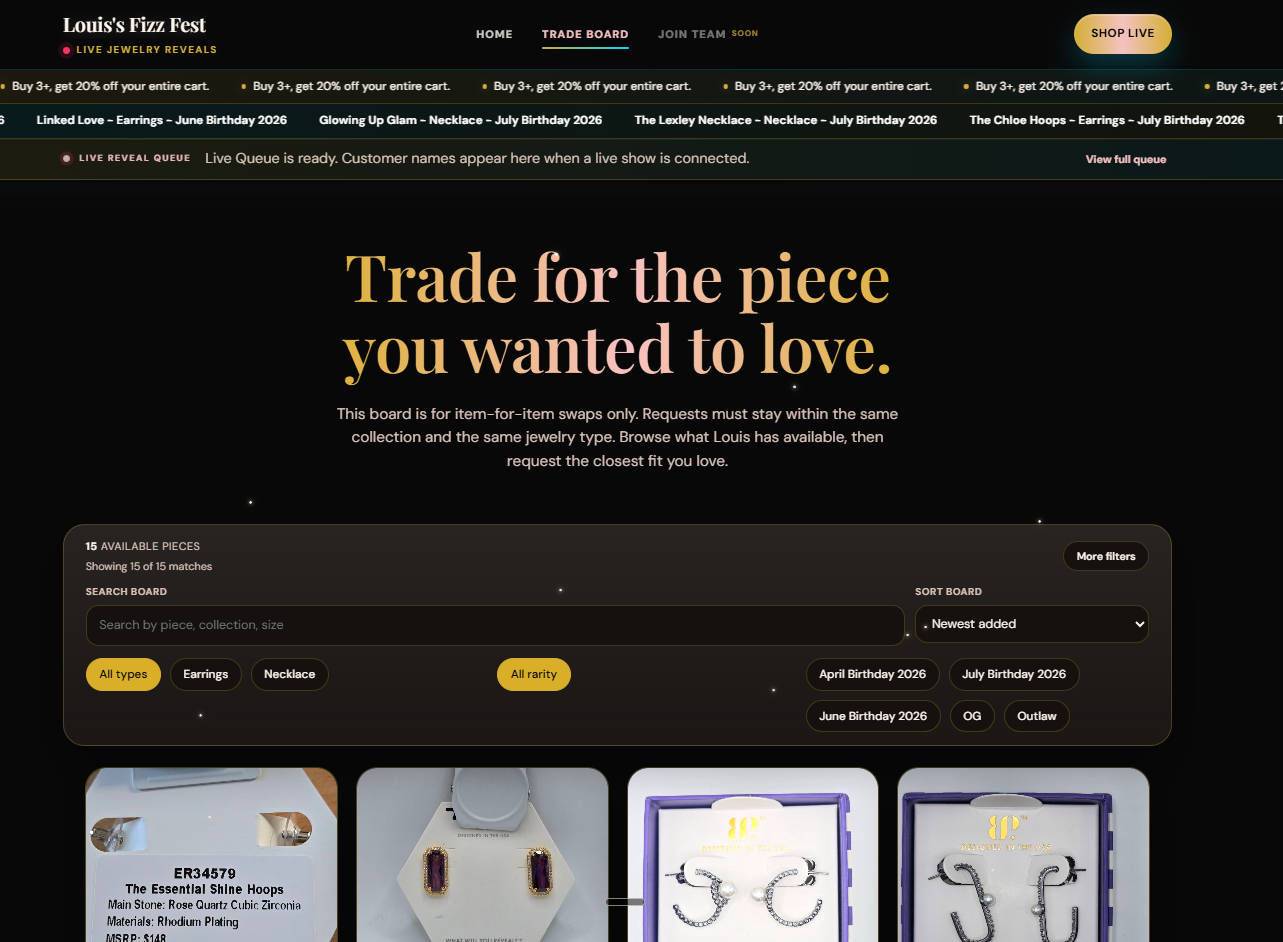Sparkle Suite customer Trade Board preview on desktop.