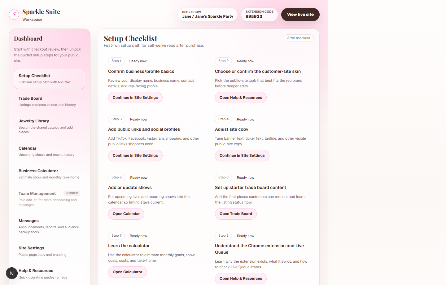 Sparkle Suite workspace setup checklist preview.