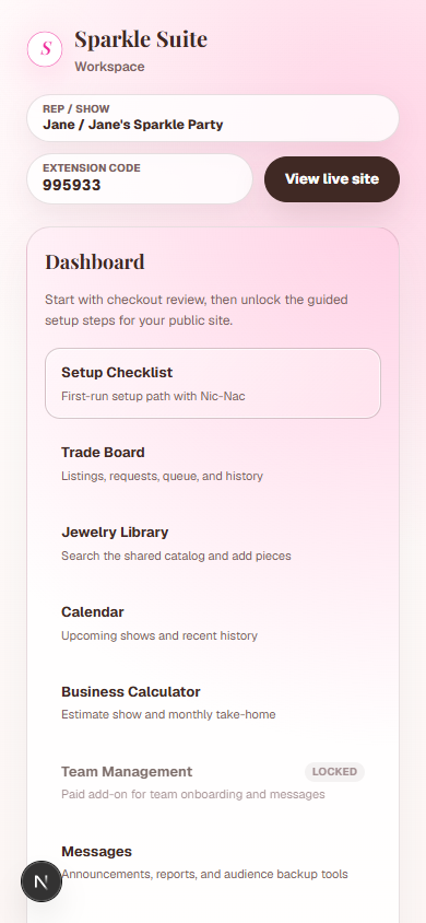 Sparkle Suite mobile workspace setup preview.